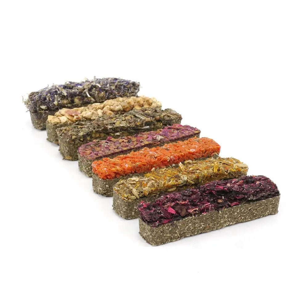 Colorful herbal blocks for small animals, featuring natural ingredients for healthy snacking.