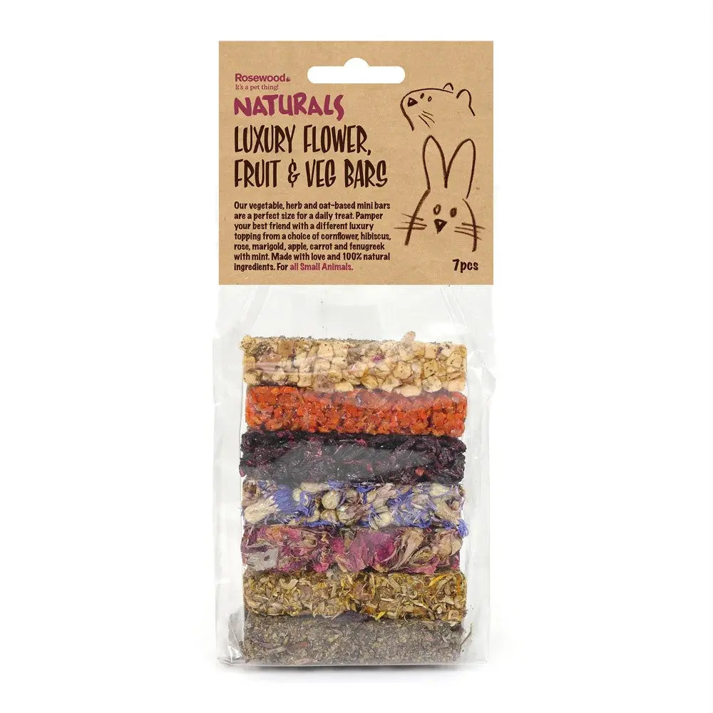 Luxury flower, fruit, and vegetable bars for small animals, featuring natural ingredients and vibrant colors.