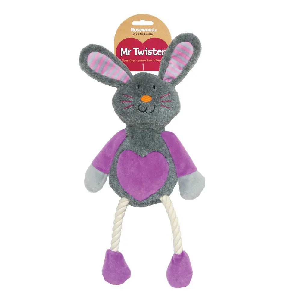 Plush rabbit dog toy with rope legs, perfect for interactive play and chewing.