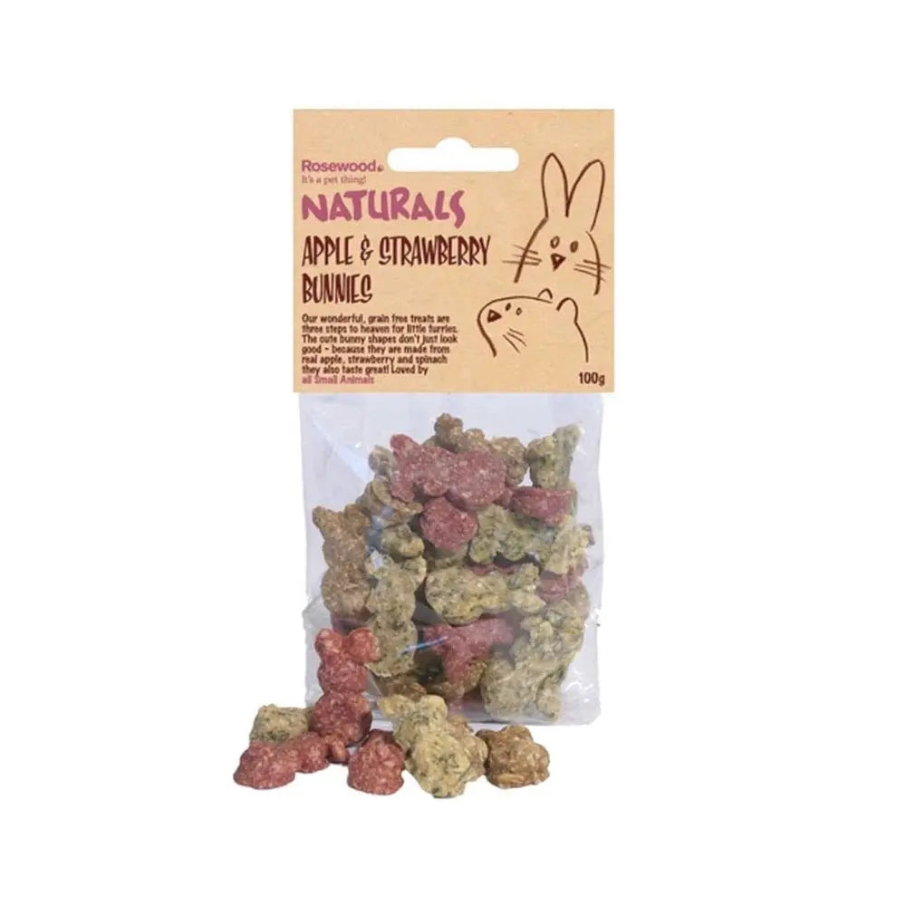 Apple and strawberry bunny treats for small pets, packaged in a clear bag with a playful label.