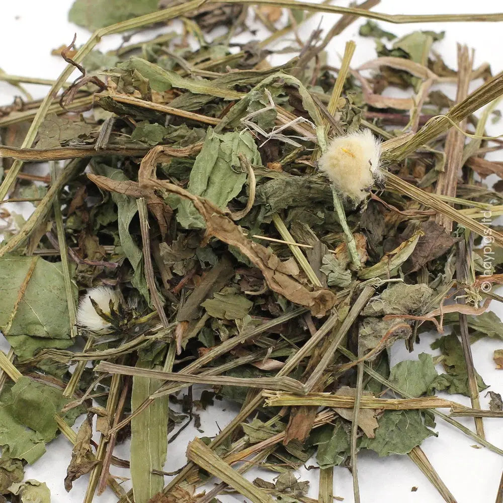 Dried herbal blend featuring various leaves and stems for natural remedies or herbal teas.