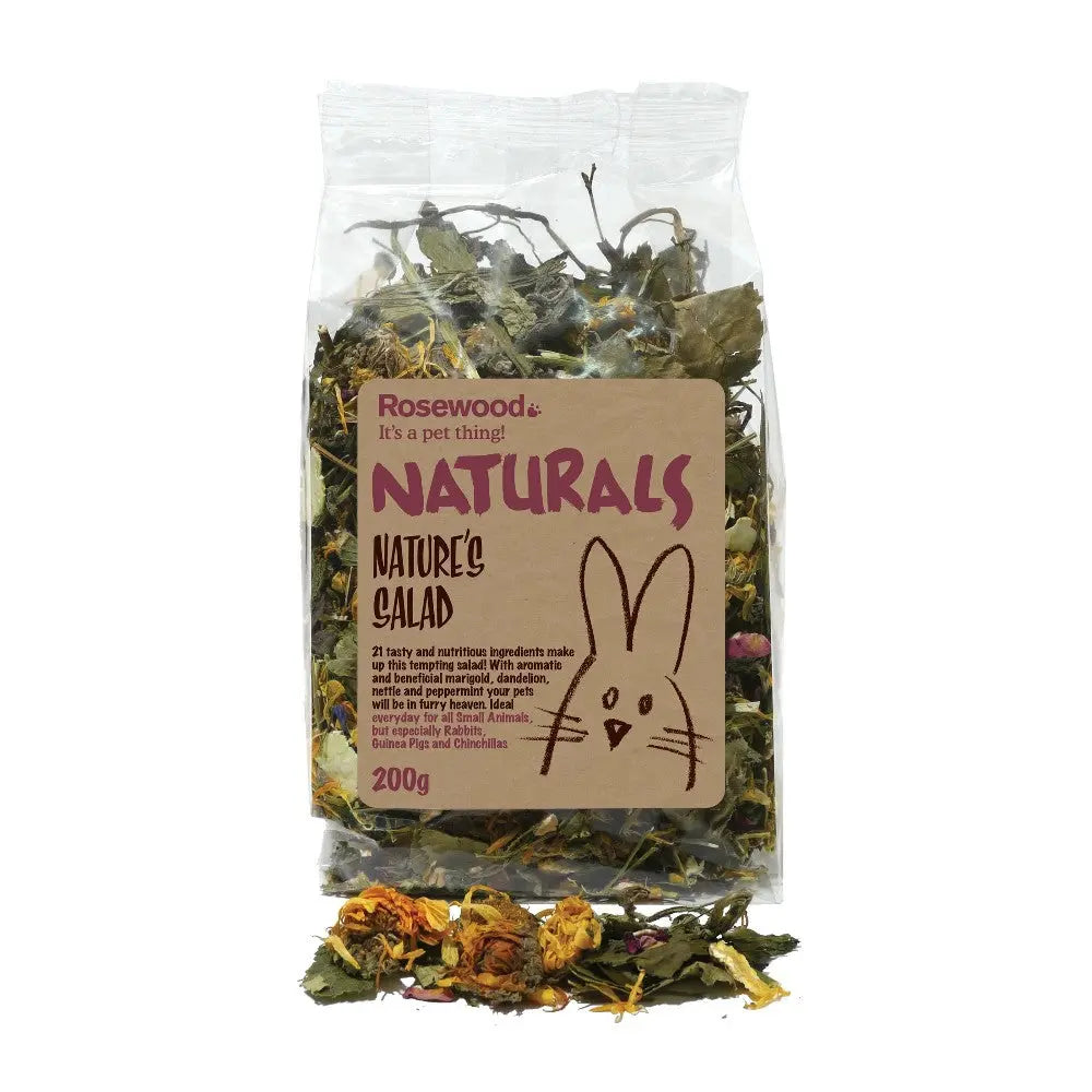 Natural rabbit food mix in a clear bag, featuring dried herbs and flowers for a healthy diet.