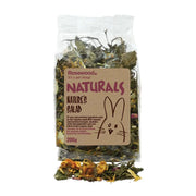 Natural rabbit food mix in a clear bag, featuring dried herbs and flowers for a healthy diet.