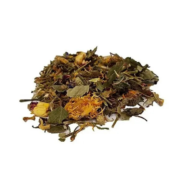 Dried herbal tea blend featuring colorful flowers and leaves for a soothing beverage.