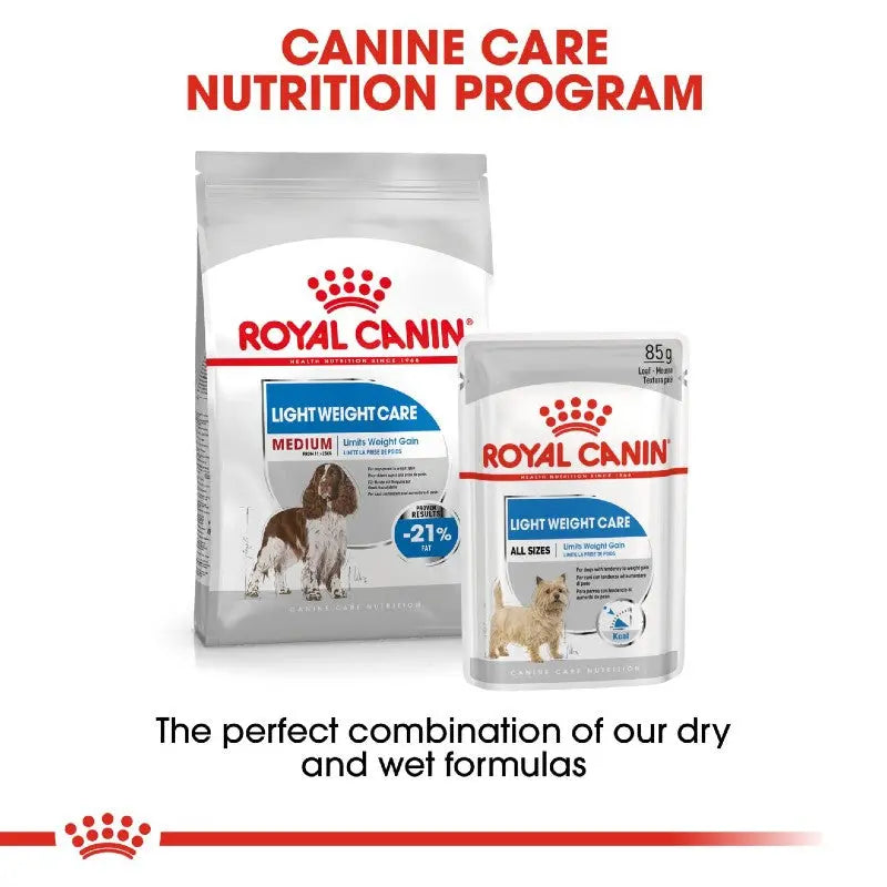 Royal Canin Light Weight Care dog food packaging showcasing dry and wet formulas for optimal canine nutrition.