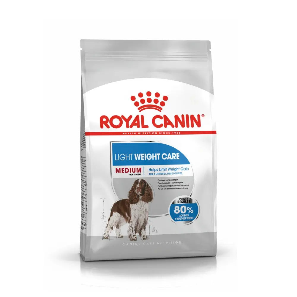 Royal Canin Light Weight Care dog food bag for medium breeds, promoting healthy weight management.