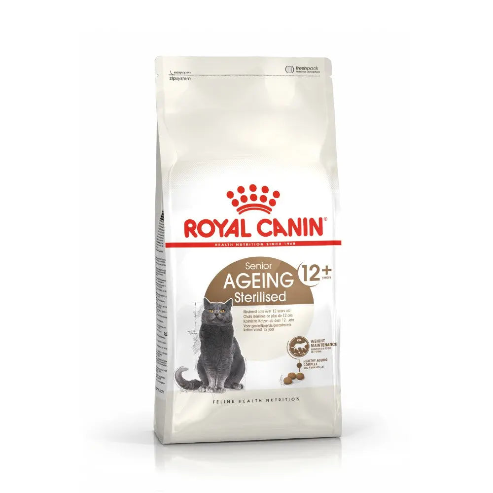 Royal Canin Senior Ageing 12+ Sterilised cat food bag with nutritional information and packaging design.