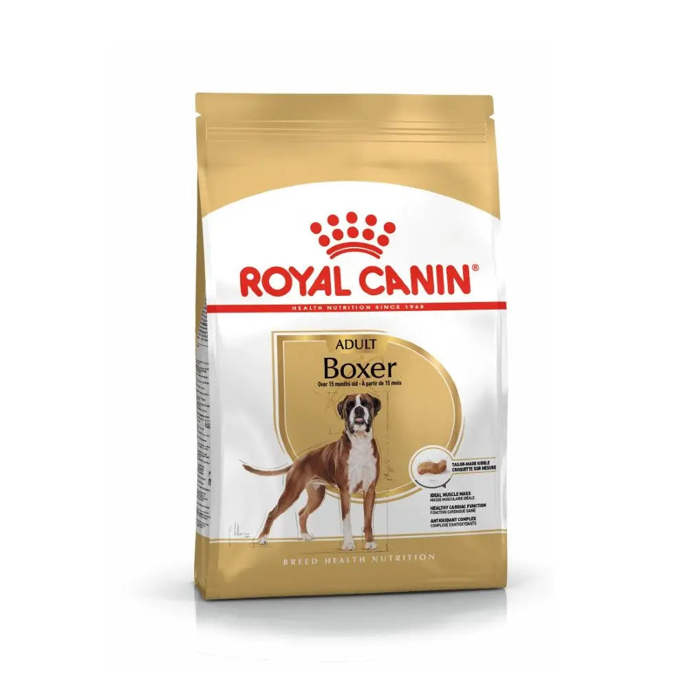 Royal Canin Boxer dog food bag, designed for adult boxers with tailored nutrition and ingredients.