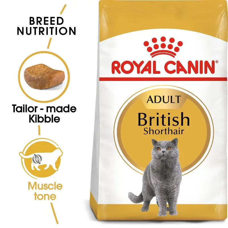 Royal Canin British Shorthair adult cat food bag with tailored kibble for optimal muscle tone and nutrition.