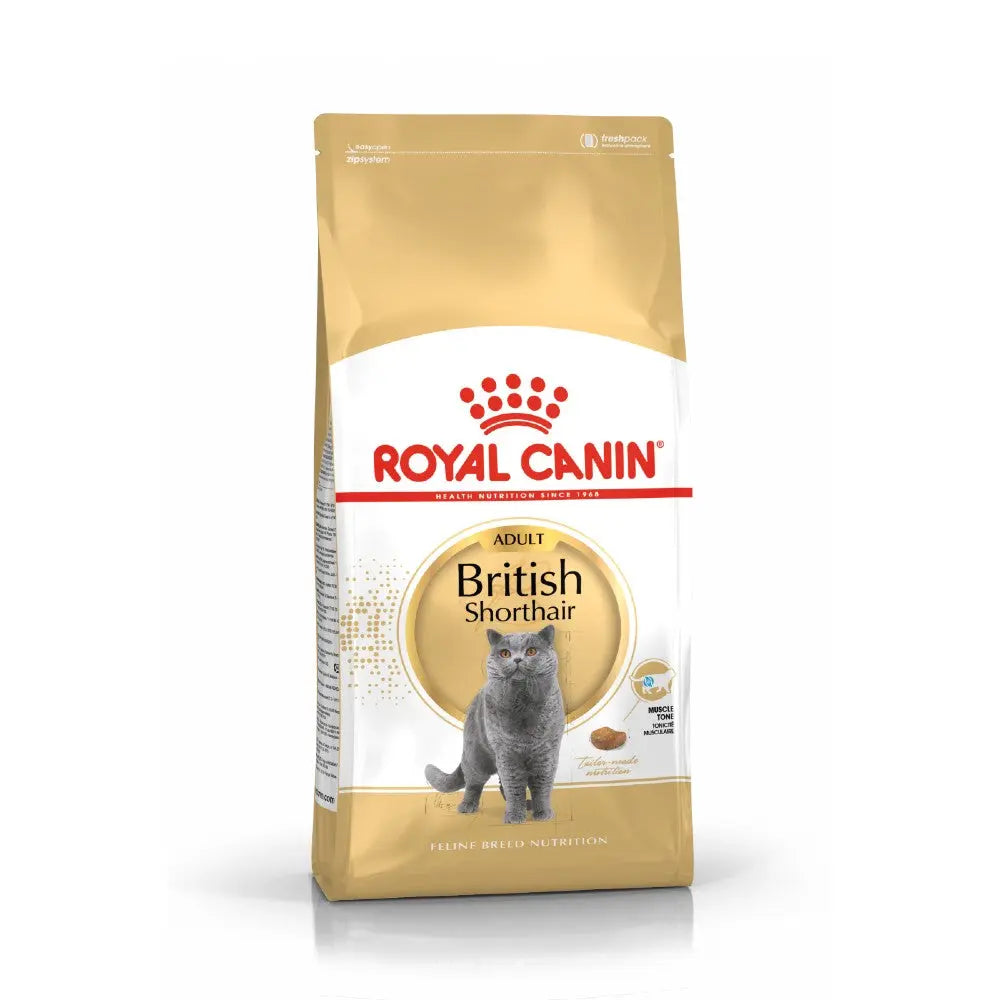 Royal Canin British Shorthair cat food bag featuring premium nutrition for adult cats.