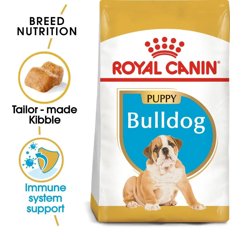 Royal Canin Bulldog puppy food bag with tailored kibble for breed-specific nutrition and immune support.