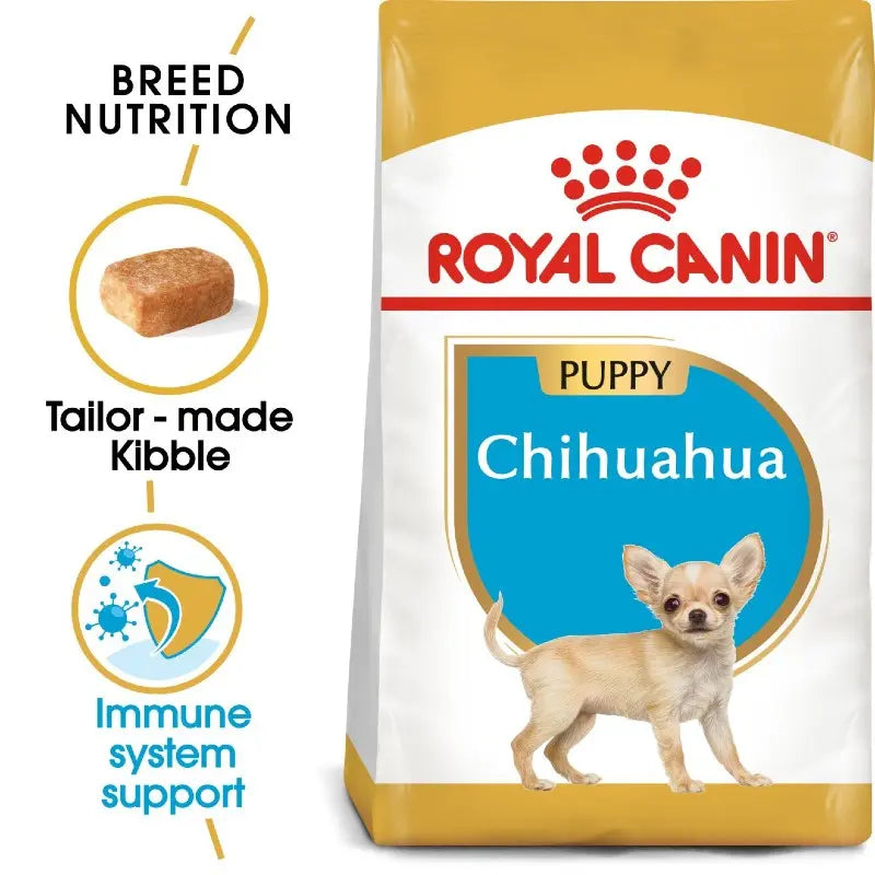 Royal Canin Chihuahua puppy food bag featuring tailored kibble and immune system support.