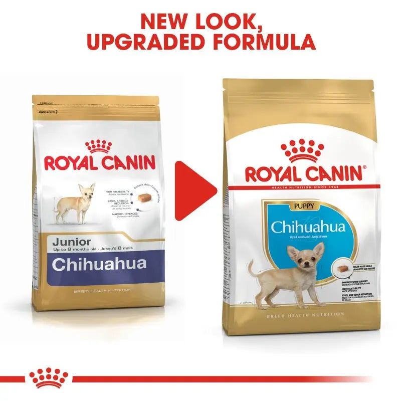 Royal Canin Chihuahua puppy food packaging showcasing new look and upgraded formula for optimal nutrition.