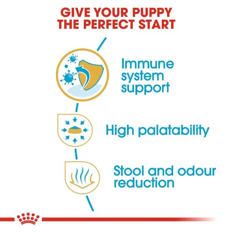 Infographic highlighting benefits for puppies: immune support, palatability, and stool reduction.