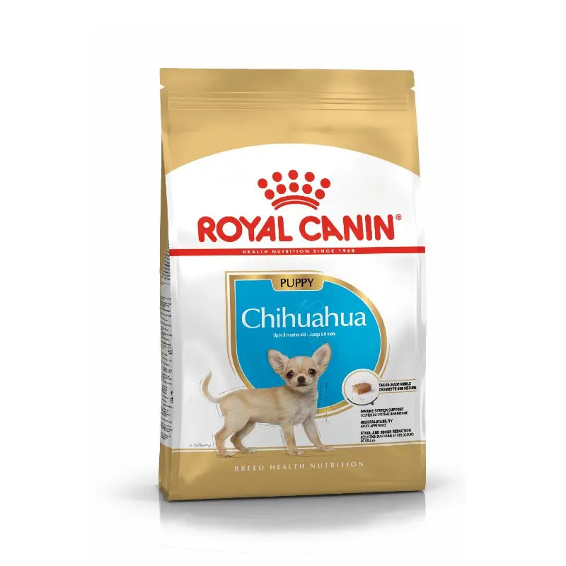 Royal Canin Chihuahua puppy food bag with nutritional information and breed-specific formula.