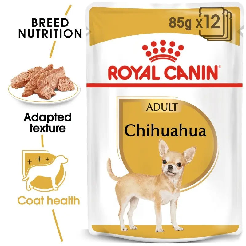 Royal Canin Chihuahua dog food pack, designed for coat health and breed-specific nutrition.