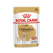 Royal Canin Chihuahua adult dog food pouch for coat health and nutrition, 85g packaging.