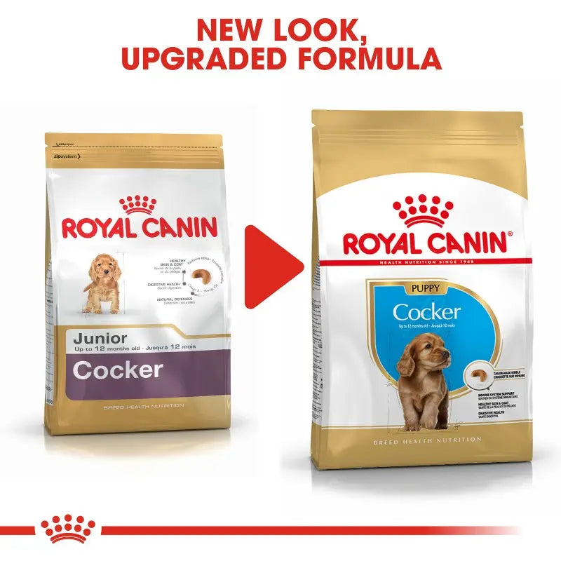 Royal Canin Cocker puppy food packaging showcasing new look and upgraded formula for optimal nutrition.