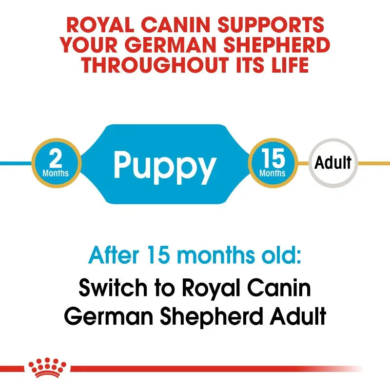 Royal Canin German Shepherd Puppy Info infographic detailing nutrition benefits