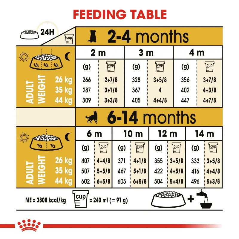 Royal Canin German Shepherd Puppy Info infographic showing nutritional guidance