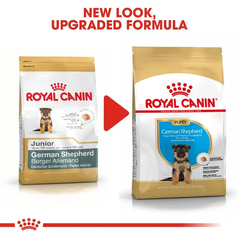Royal Canin German Shepherd Puppy information infographic with online details