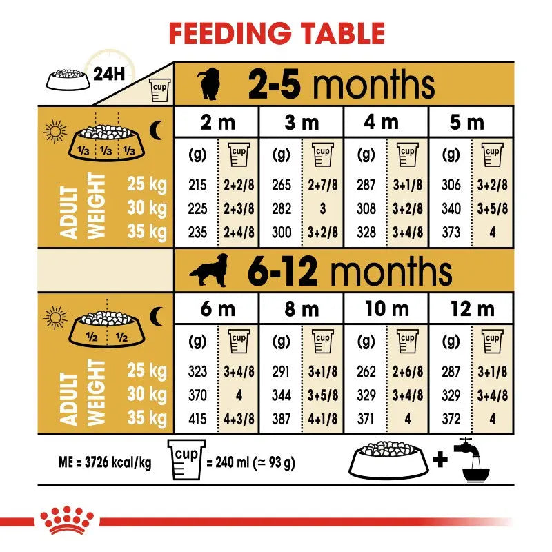 Feeding table infographic for pet nutrition, detailing portions by age and weight.
