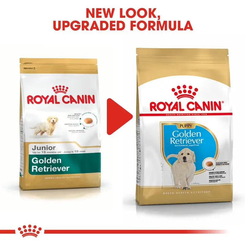 Royal Canin Golden Retriever puppy food packaging showcasing new look and upgraded formula.