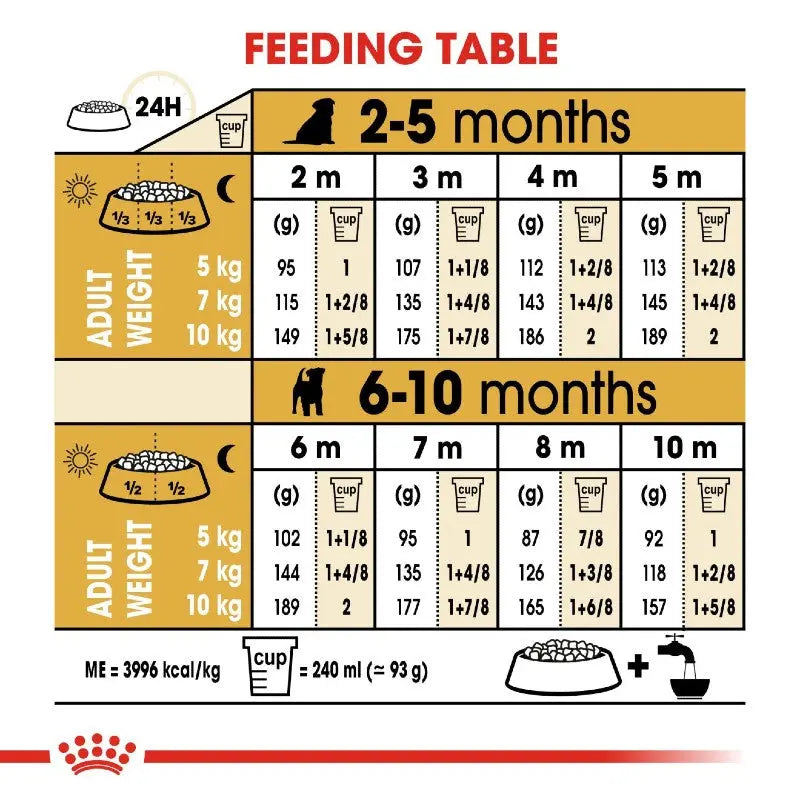 Feeding table infographic for pets, detailing portion sizes by age and weight.