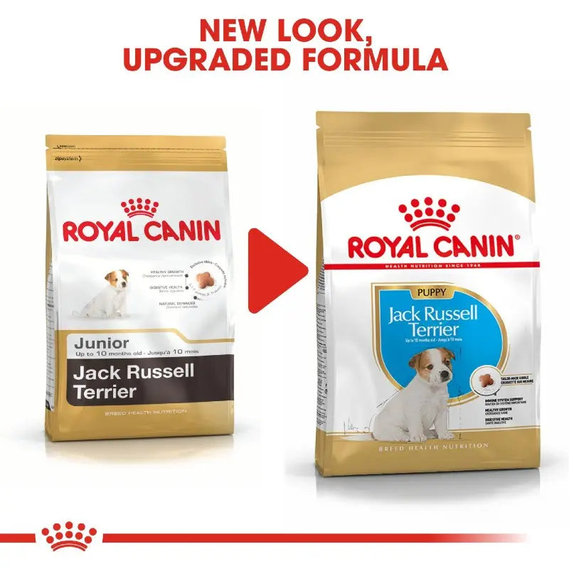 Royal Canin Jack Russell Terrier puppy food bag showcasing new look and upgraded formula.