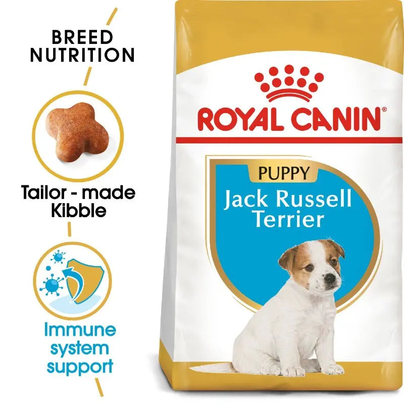 Royal Canin Jack Russell Terrier puppy food bag with tailored kibble for breed-specific nutrition.