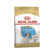 Royal Canin Jack Russell Terrier puppy food bag with nutritional information and breed-specific formula.