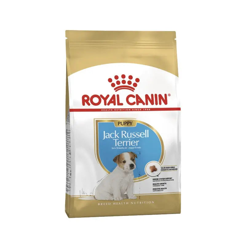 Royal Canin Jack Russell Terrier puppy food bag with nutritional information and breed-specific formula.