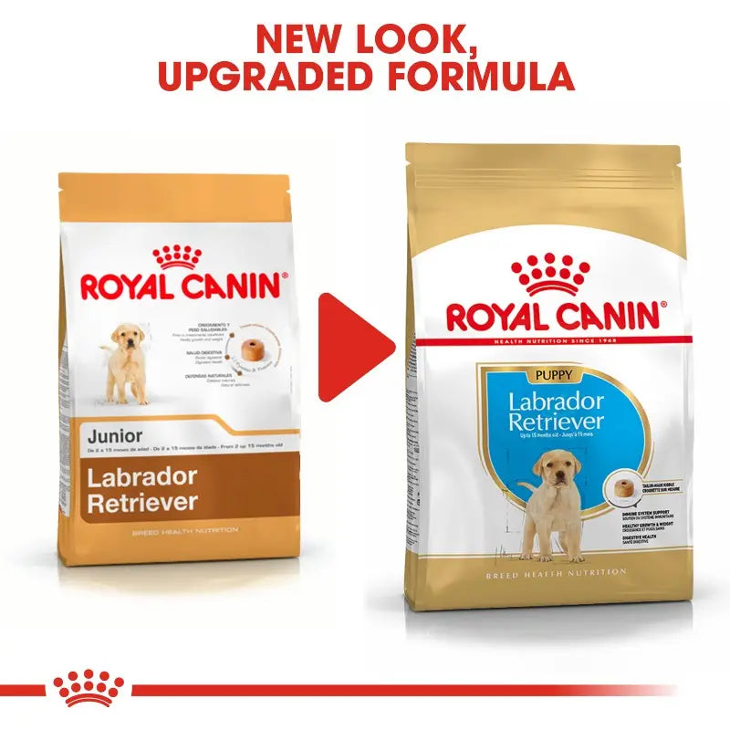 Royal Canin Labrador Retriever puppy food packaging showcasing new design and upgraded formula.