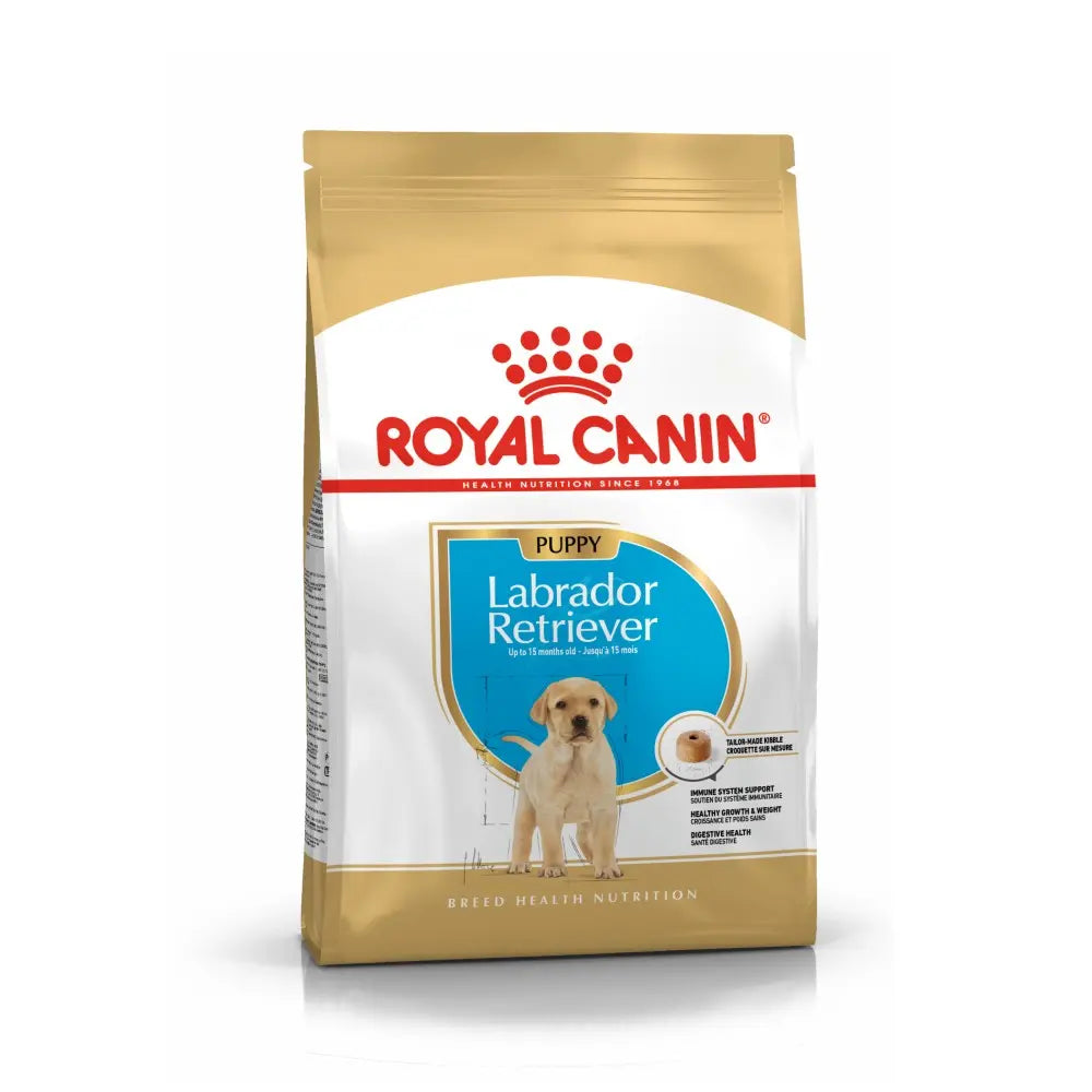 Royal Canin Labrador Retriever puppy food bag with nutritional information and breed-specific formula.