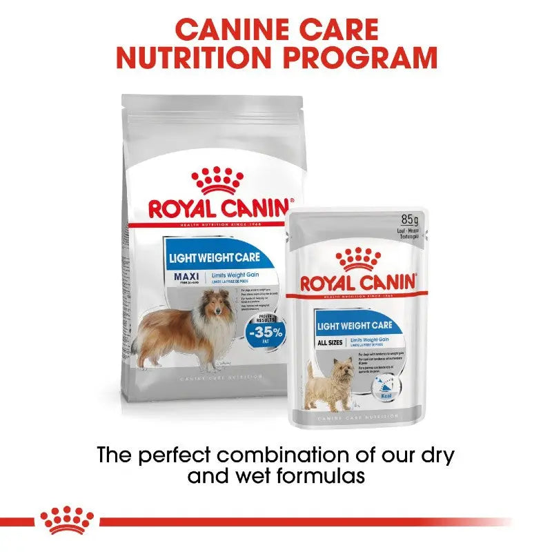 Royal Canin Light Weight Care dog food packaging showcasing dry and wet formulas for weight management.