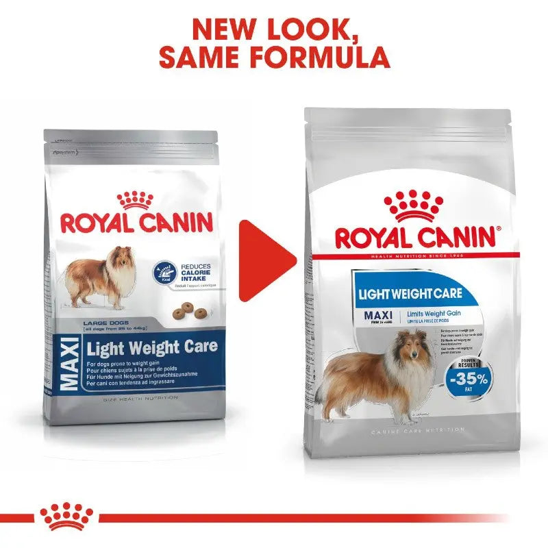Royal Canin Light Weight Care dog food packaging showcasing new design and formula for large dogs.