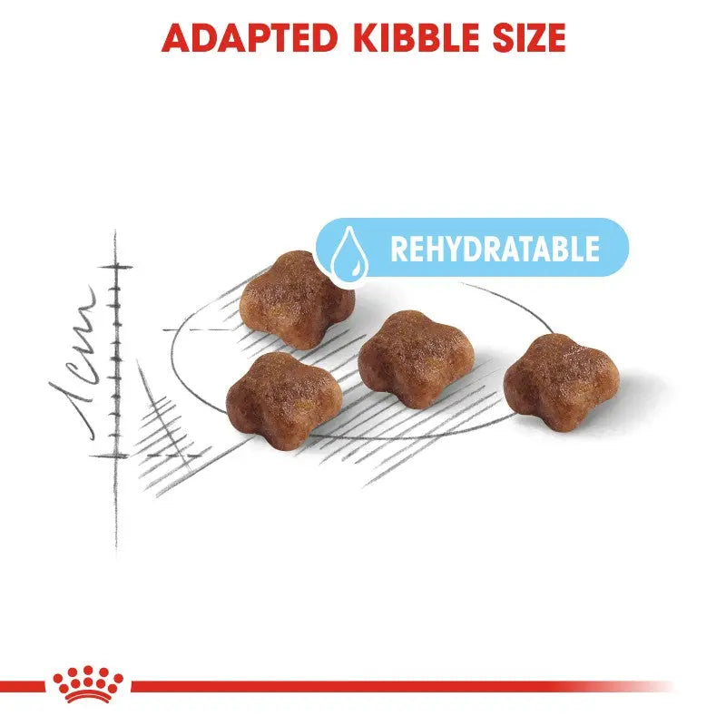 Rehydratable adapted kibble size for optimal pet nutrition and easy feeding.