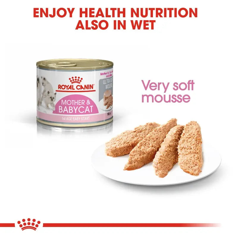Royal Canin Mother & Babycat wet food, featuring a soft mousse texture for kittens.
