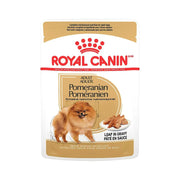 Royal Canin Pomeranian adult dog food in gravy, featuring a nutritious loaf for healthy feeding.