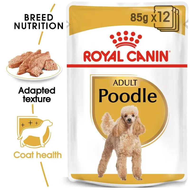 Royal Canin Poodle adult dog food pack, promoting coat health and breed-specific nutrition.