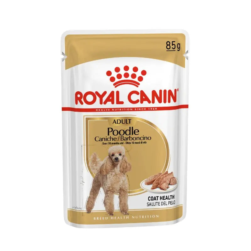 Royal Canin Poodle adult dog food pouch for coat health, 85g packaging with ingredients and feeding guide.
