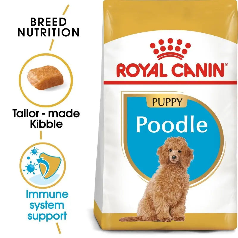 Royal Canin Poodle puppy food bag featuring tailored kibble and immune system support infographic.