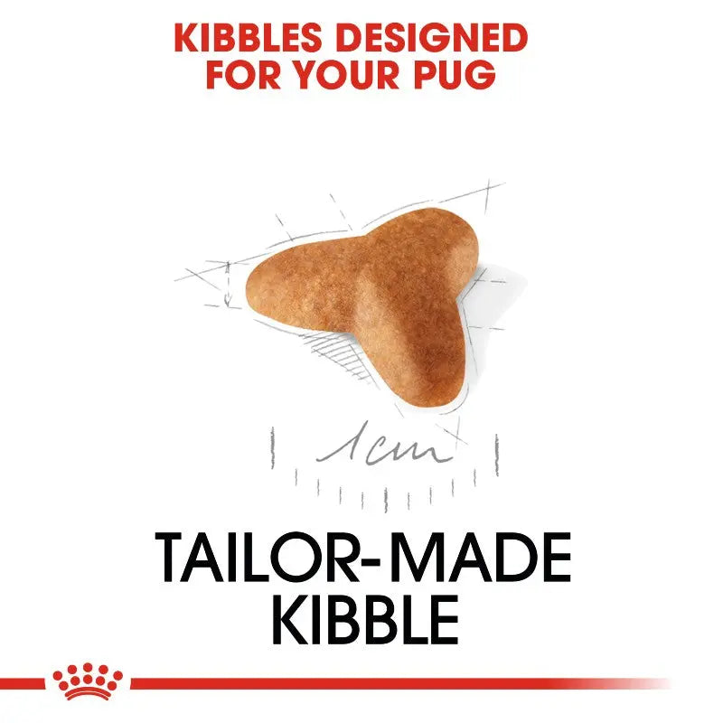 Tailor-made kibble designed specifically for pugs, featuring a unique shape for easy eating.