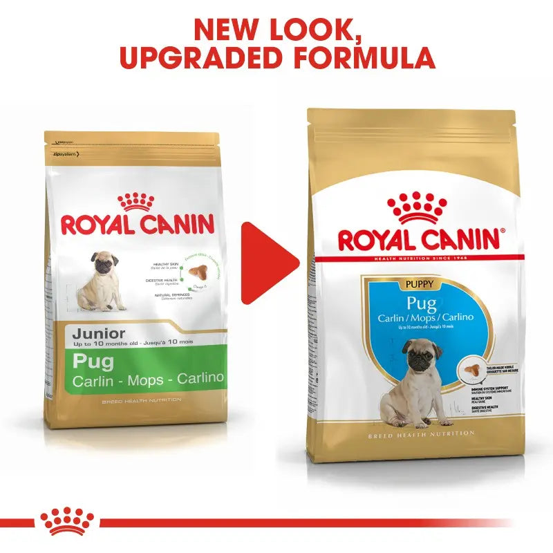 Royal Canin Pug puppy food bag showcasing new look and upgraded formula for optimal health.