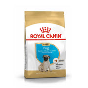 Royal Canin Pug puppy food bag with nutritional information and breed-specific formula for healthy growth.