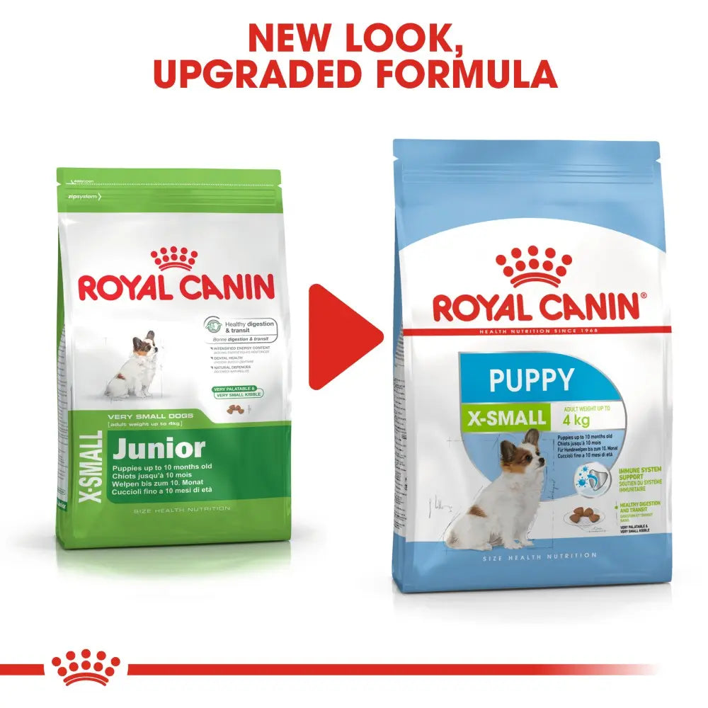 Royal Canin puppy food packaging showcasing new look and upgraded formula for small breeds.