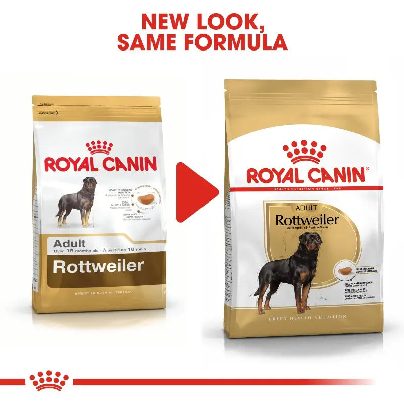 Royal Canin Rottweiler dog food packaging showcasing new design and same trusted formula.
