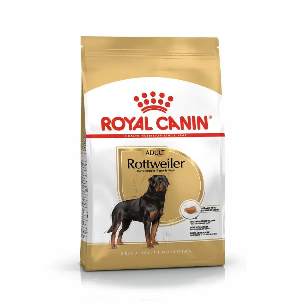 Royal Canin Rottweiler dog food bag featuring breed-specific nutrition and feeding guidelines.