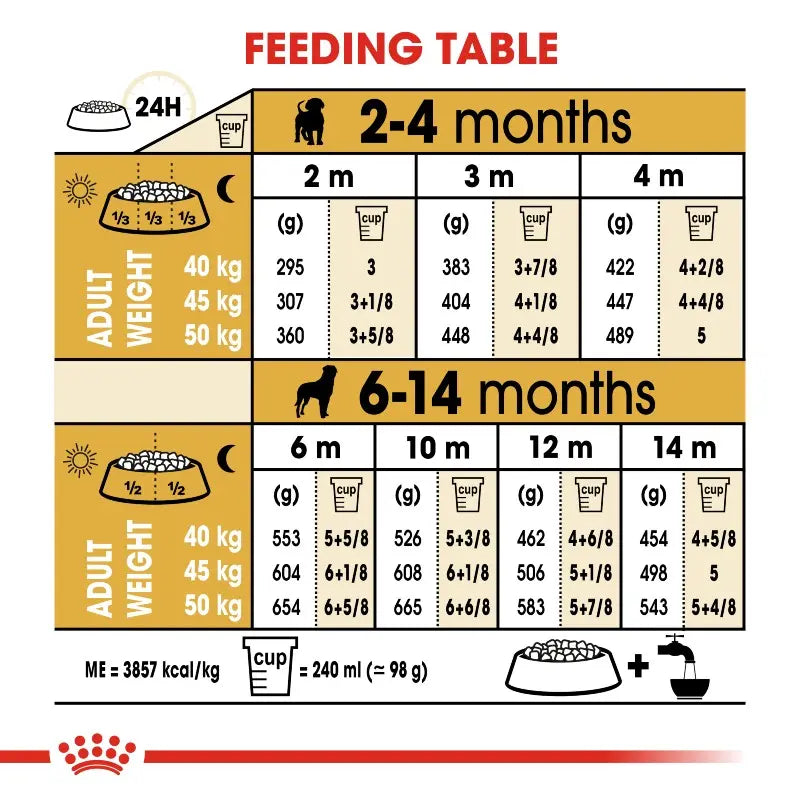 Royal Canin Rottweiler Puppy Info infographic detailing nutrition guidance