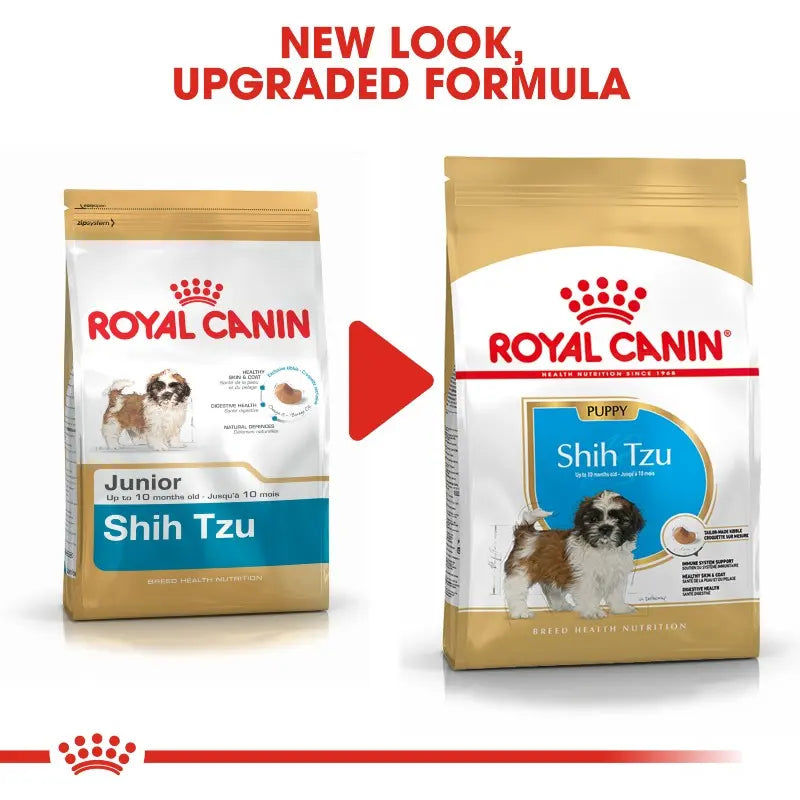 Royal Canin Shih Tzu puppy food bag showcasing new packaging and upgraded formula for optimal health.